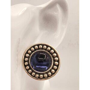 GORGEOUS Vintage Silver Ocean Blue Cabochon Signed Clip-On Earrings Beaded Trim